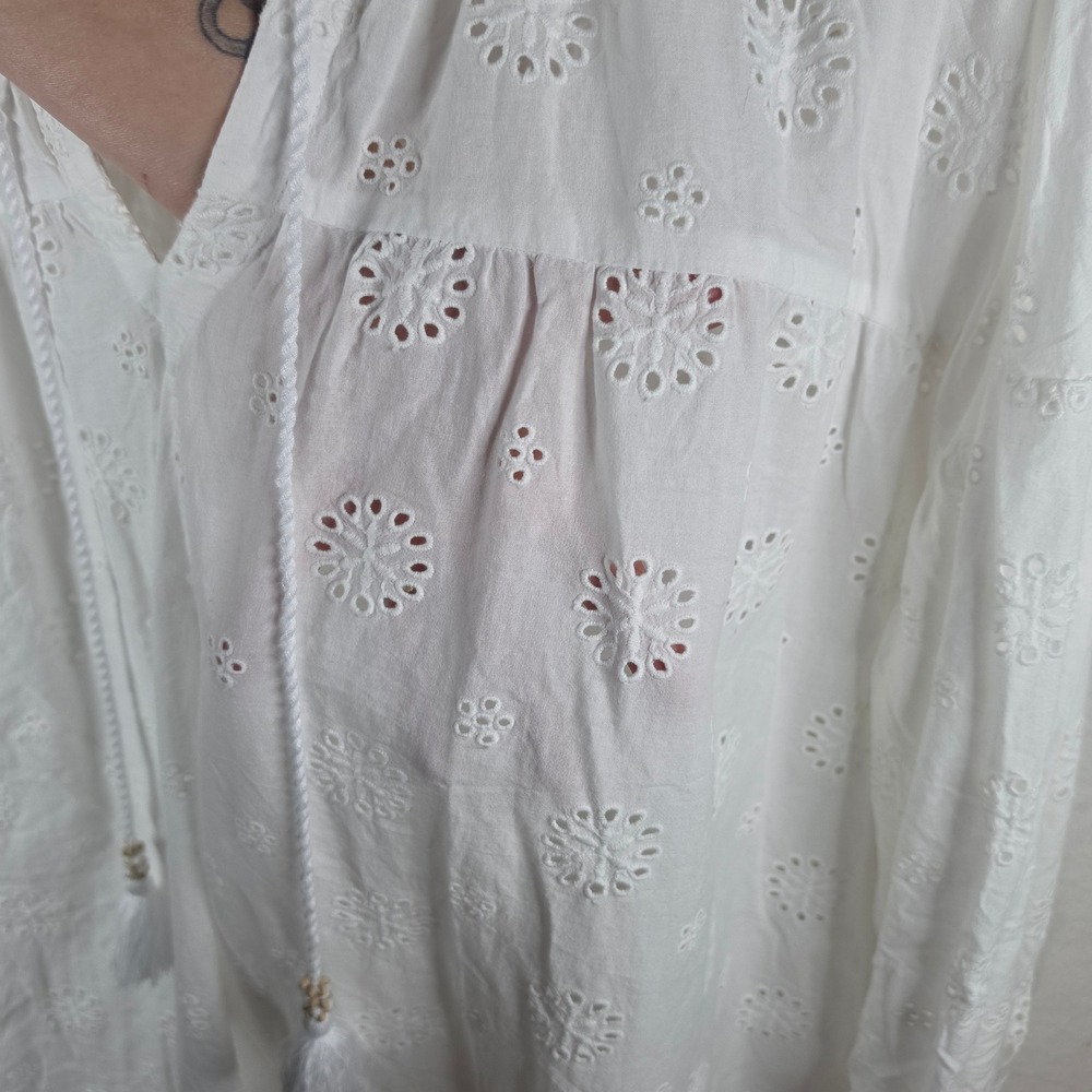Cynthia Rowley White Eyelet Tunic Top Tassel Fringe Cotton Blouse Large - Picture 8 of 9